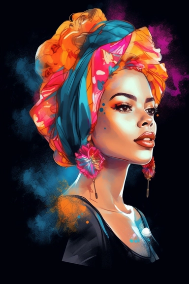 Portrait girl woman wears bandana for curly hairstyles. profile, Shenbolen Ankara Headwrap Women. Traditional Headtie Scarf Turban in tribal zebra fabric design texture watercolor clipart. hot pink blue and orange. gold details on black background watercolor texture. white flowers.