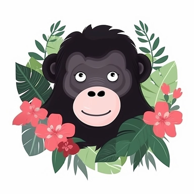 cute kawaii gorilla, flowers, detailed, cartoon style, 2d watercolor clipart vector, creative and imaginative, hd, white background