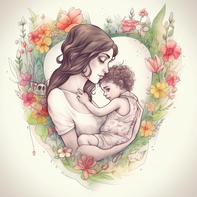 Clipart beautiful mother and her cute baby are hugging inside a heart shape made of spring flowers and it shows love and friendship ,watercolor style, withe background