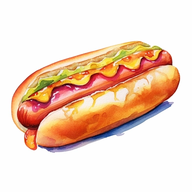 watercolour hot dog, clipart on white background, no watermark, highly detailed, professional color gradation, clean sharpness