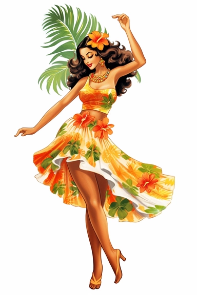 a woman hawaiian doing a luau on a beach, retro cartoon, drawing clipart, Tropical Sublimation, Coconut Girl, Hibiscus, white background