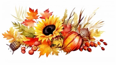 Watercolor fall illustration. Autumn leaves, sunflower bouquet, maple leaf, rowan berries, oak leaf, acorn, mushrooms arragement. Thanksgiving clipart