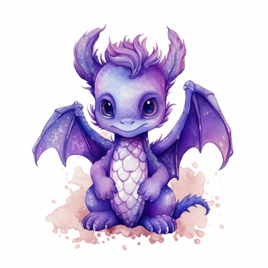 Watercolor dark purple baby dragon pixar style clipart on a white background in the style of feminine sticker art, Tanya Shatseva, storybook illustration, , Claude Monet, colored line art,colored outlines, cottagecore design, watercolor on white background, ombre, cool tones: colored line art, colored outlines, iridescent ombre, gradient shading, cool tone, vibrant digital art oil paint photorealism