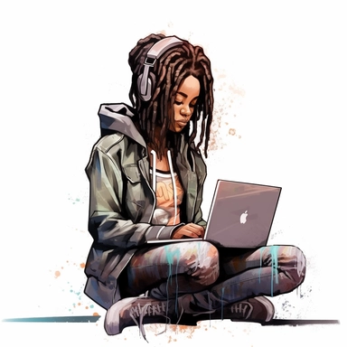 Black girl working on a laptop, cool hacker clothes, dreads, watercolor style, clipart solid white background