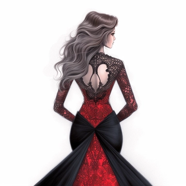 An elegant fashion girl, dressed in a striking Haute Couture mermaid gown with a high-necked lace bodice, is seen from behind, her silhouette accentuated, her face shielded from view. Clipart, color pencil illustration.