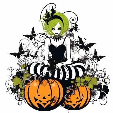 Halloween fairy, clipart, neon green , black white stripes, pumpkin, isolated on white background, in the style of Amy Brown, beautiful fall floral, bright color, crisp lines, chaos 8