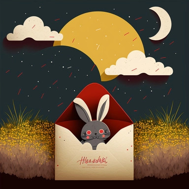 clipart, hand painted, watercolor, vectors, gray background, sharp focus, highly detailed, Rabbit, Chinese New Year, Bright Red, Celebration, Colorful Confetti behind, Cute, Cheerful, pixar style, Moon behind, yellow field of barley behind, dark red envelopes in the air
