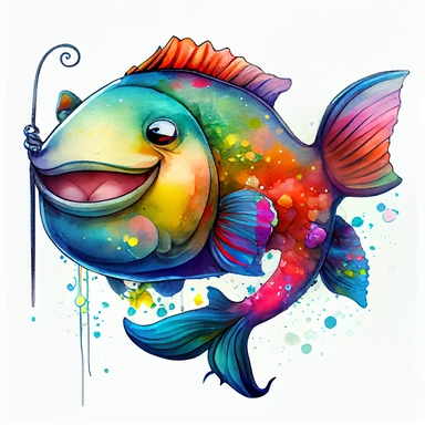 happy colorful big fish with a beautiful smile watching on a big hook and show with eyes that everyone is crazy, CLIPART sticker set, watercolor, ink, ultra-detailed, cartoon style, white background, black outside lines
