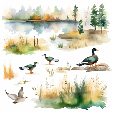 watercolor hunting scene in forest or fields with lake in vicinity where duck flocks take off in numbers , illustrations clipart set, simple, , cartoon elements ,different variants , natural elements, separate elements with a margin, ,4k, high resolution, , natural colors, vibrant green tones, birds and ducks