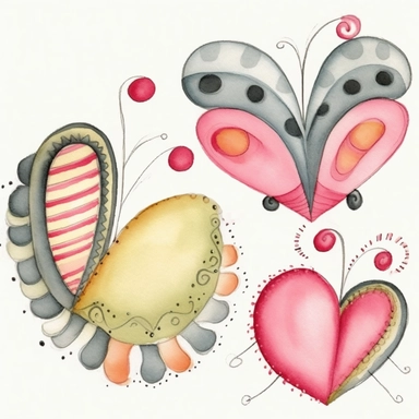 4 beautiful whimsical hearts, red, black and white, doodled by a child, strange proportions, quirky shapes, simplified, folk art, bright pastels, stripes, polka dots, spirals, detailed patterns, cartoony, watercolor texture, soft brush strokes, high resolution, clipart on white background, free margins