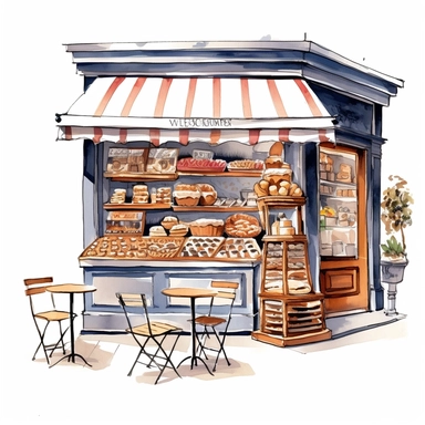 Photo of a French bakery, there is a shelf in store lined with cupcakes, donuts and cookies. French outdoor cafe, with table and chairs in front, kitchen clip art, on white background,no text, no name, no logo, no font, no letters, clip art, highly detailed, extreme sharp focus,