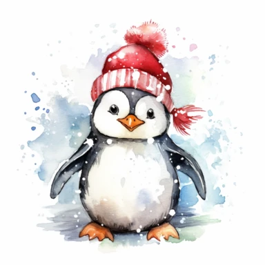 A lovable penguin wearing a Santa hat and a big smile, standing on an icy surface, surrounded by snowflakes and a snowy backdrop, ornamental watercolor clipart