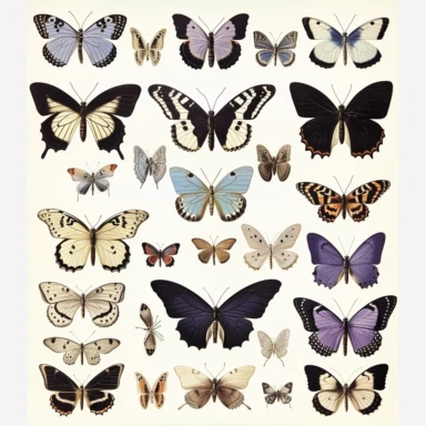 Generate vintage ephemera clipart of butterflies suitable for printing in a junk journal. The images should be in a variety of sizes, ranging from small to large, and should be able to be easily resized without losing quality. Please include a mix of different butterfly species and designs, with a focus on intricate details and vintage charm