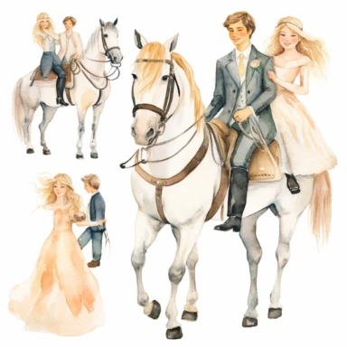 Very cute wedding illustrations clipart set, newlyweds riding a horse, on a white background separate elements with a margin, watercolors, husband and wife on their wedding day riding a horse together, love