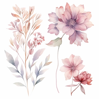 Ethereal watercolor floral cluster clipart, individual design, delicate and airy blooms, soft and romantic color scheme, dreamlike composition