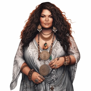 boho plus size woman, Indian American, modern, semi-realistic, spiritual, witchy, clipart, fantasy, white background, high quality, beautifully accurate illustrations