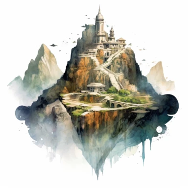 Clipart, watercolor, white background: A fantasy mountain with ancient ruins and forgotten temples, remnants of a long-lost civilization waiting to be explored and deciphered.