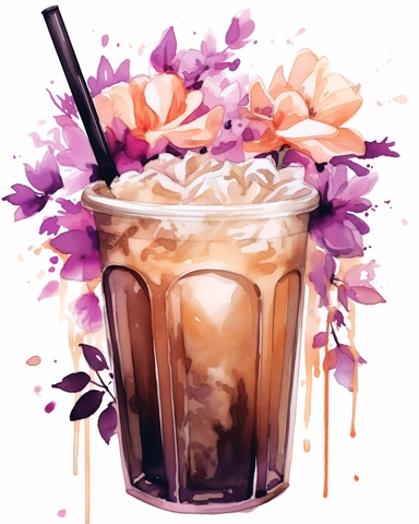 beautiful watercolor and black ink illustration of iced coffee in a glass surrounded by pink and purple flowers, watercolor and ink sketch, bright summer colors, epic composition, hand drawn, procreate style illustration, white background, detailed clipart, vector, 2d, 8k