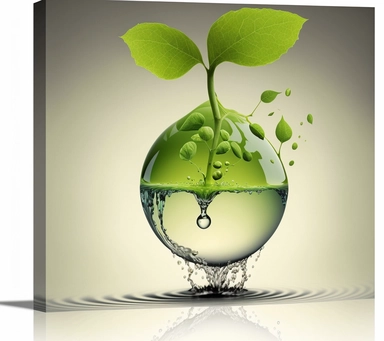 earth and tree planter, green clipart background, in the style of water drops, chen zhen, clear edge definition, uhd image, environmental awareness, leaf patterns, light yellow