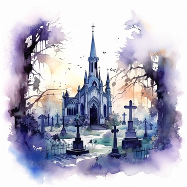 isolated clipart showcasing a spooky gothic haunted graveyard, graveyard appearing as if it were taken from a fairy tale, adorned with ornate tombstones, turrets, and ivy-covered walls, their silhouettes casting elongated shadows on the mist-covered ground below, the forest enveloped in an otherworldly glow, watercolor painting, ethereal washes of color capturing the magical atmosphere,