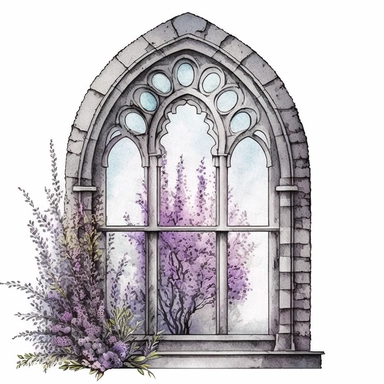 watercolor realistic detailed lavender church window clipart, white background, no text