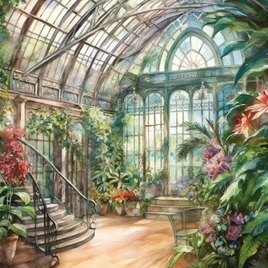 watercolor victorian greenhouse inside view tropical flowers and trees clipart