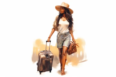 beauticul black womam with long hair, pulling luggage through airport, watercolor clipart