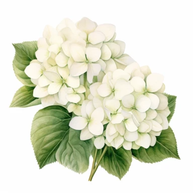 Ivory colored hydrangea flowers with watercolor effect,suitable for digital clipart,white background,green leaves
