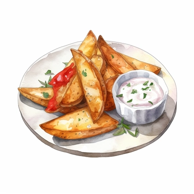 Watercolor detailed illustration ofPotato wedges served with dipping sauce on a plate, clipart, white background
