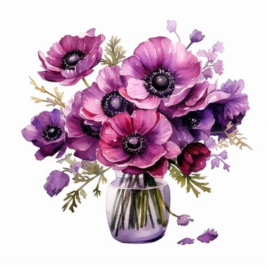 dark Magenta anemone flower bunch, watercolor, clipart, highly detailed, HD, flower bunch in a glass vase