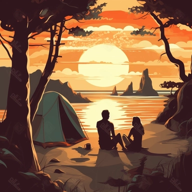 magical camping scene at the beach with a couple embracing woman’s leg propped up clip art