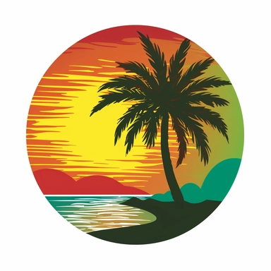palm tree with sun in background, red green and yellow, vector art, in the style of pop art, clipart, white background, rounded corners