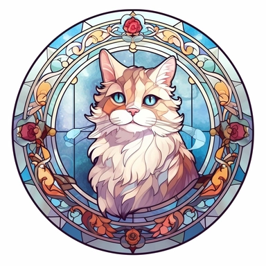 Vintage Cute Beautiful Round Stained Glass Cat Sublimation Clipart, Cartoon, hyper realistic, intricate detail, illustration style, high solution, on the white background
