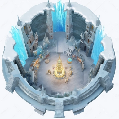 inside of the frozen animation castle ,ice snow castle inside in castle, top view, circle format, clipart