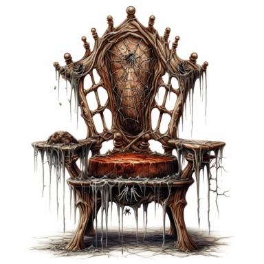 a fantasy clipart of an old wooden halloween chair, include spider webs, white backgroudn no paint drips, high detail