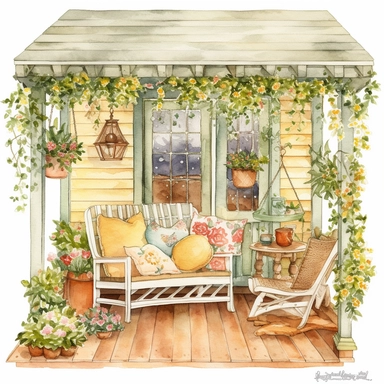 Watercolour clipart of a cozy and inviting cottage porch in the summertime, perfect for sipping lemonade and enjoying the warm weather. white background, The cottage is adorned with blooming flowers, hanging baskets, and charming decor, all painted in soft and warm hues to give a truly cozy and welcoming feeling. The porch has a comfortable seating area, complete with a rocking chair and fluffy cushions, as well as a cute little table to hold a vase of freshly picked flowers, png, 8k