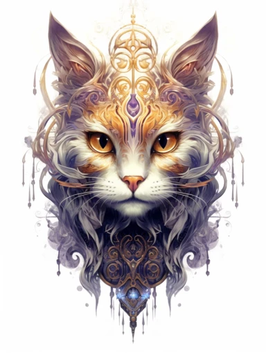 A cat portrait in a gold dress with ornate silver tattoo, in the style of black and lpurple, fractal patterns, mind - bending murals, zbrush, depictions of animals, distinctive noses, clipart png, photorealistic, watercolor, digital painting, WHITE BACKGROUND, fantasy style, realistic, painting, 8k, ultra details,