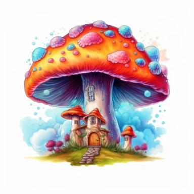 Mushroom house on the cloud with rainbow, on a white background, Illustration clipart, 4K, extremely detailed