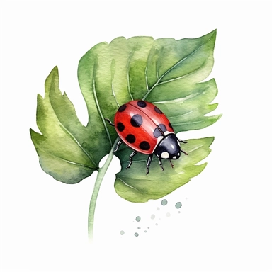 A playful ladybug playing with a leaf clipart with watercolor illustration, full body shot, 8k, etsy style, white background
