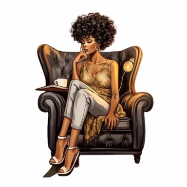 Melanin girl PNG | Black Girl Clipart, Black Woman Illustration, African American Fashion Digital Print, Self Love Clipart, pixie cut hairstyle, sitting on couch reading a book