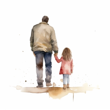 father standing with daughter, facing away from camera, watercolor illustration with plain white background, clipart