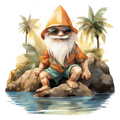 gnome in pool in Hawaii beach outfit, vibrant color, clipart, watercolor illustration, white background