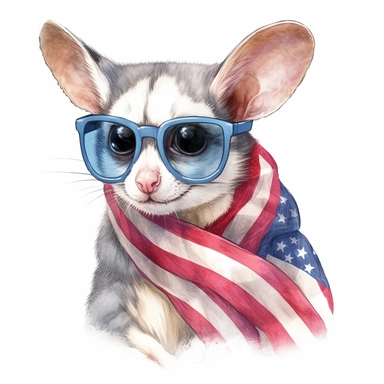 closeups shot, low angle, watercolor style, Sugar glider is sitting, wears American flag scarf and sunglasses, hyper-realistic animal illustrations, 2d game art, quadratura, clipart, on white background,