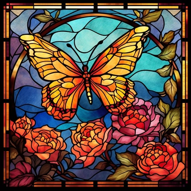 stained glass clipart of one butterfly and flowers, claude monet style