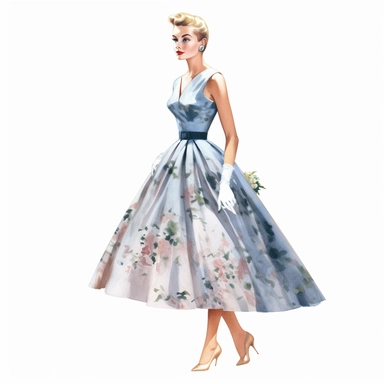 1960s woman standing in beautiful dress, christian dior high fashion, clip art, illustration, watercolor, photorealism, detailed painting, very high quality, hd on white background, spaced out ar 3:2