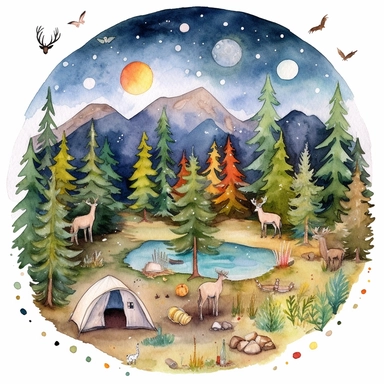 watercolor clipart painting of a Colorado mountain landscape, with evergreen pine trees, pinecones and sage green trees, with some yellow aspen trees and white birch trees, camping tent by a stream with rocks in the babbling brook, a butterfly and dragonfly, some birds, a sunset, hd, mystical and whimsical illustration with a little gold glitter and aurora borealis bubbles, with a few flowers and floral and botanical and ethereal elements, with white background,