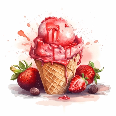 Indulge in the mouthwatering delight of a watercolor illustration capturing the essence of a luscious strawberry ice cream. This delightful clipart brings together the whimsy of a cartoon style with hyper-realistic details, creating a truly tempting treat for the eyes. Every brushstroke showcases intricate details, from the glistening texture of the ice cream to the vibrant red hues of the ripe strawberries. Isolated on a pristine white background, this high-quality artwork is perfect for variou