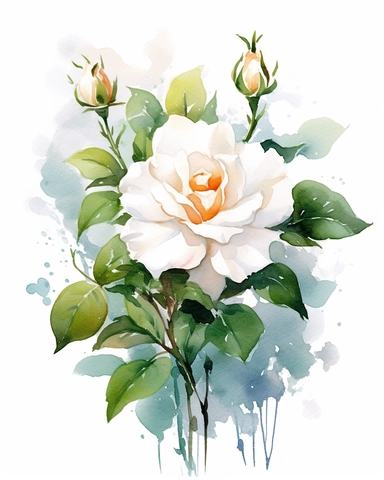 watercolor sketch of Tea Rose with white flower composition, clipart, clean and simple design, realistic color scheme, high-contrast image, white background,