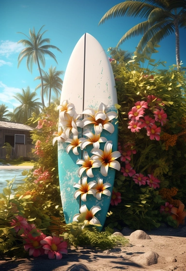 surfer surfboard and flower clipart, in the style of unreal engine 5, hyperrealistic murals, 32k uhd, i can't believe how beautiful this is, seaside scenes, airbrush art, tinycore
