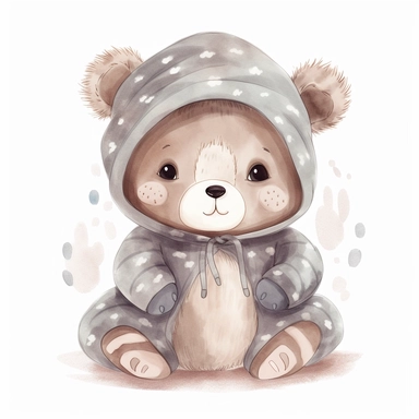 Clipart of a cute baby bear wearing cozy pajamas on white background. Add small details like a bear ear hat or fluffy slippers to accentuate the cute and cozy look